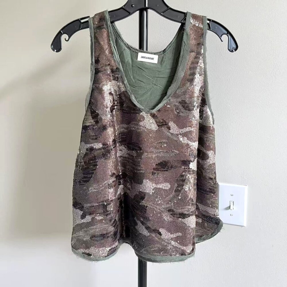 Zadig & Voltaire Sequin Camouflage Tank Top in Olive, Brown, and Black